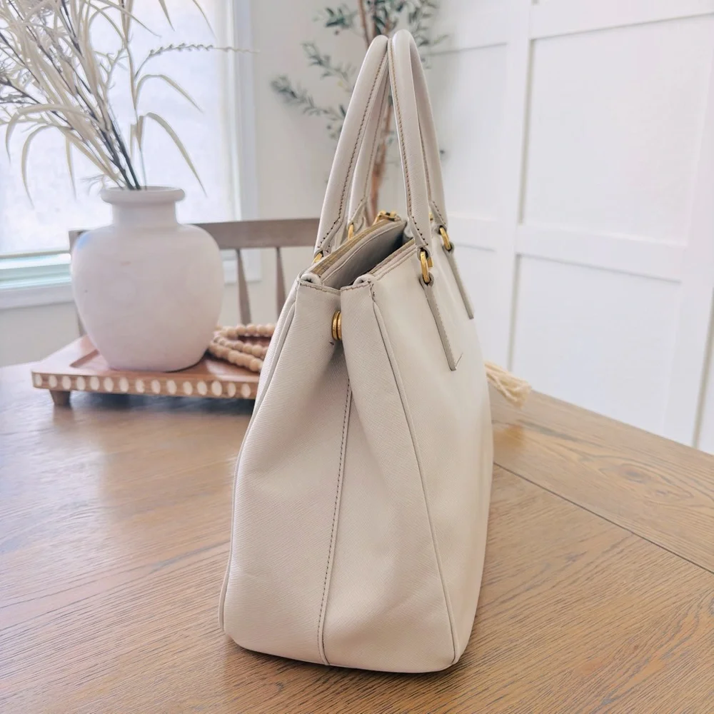 Prada Saffiano Large Galleria Double Zip Tote Talco White Gold Accents with COA‎